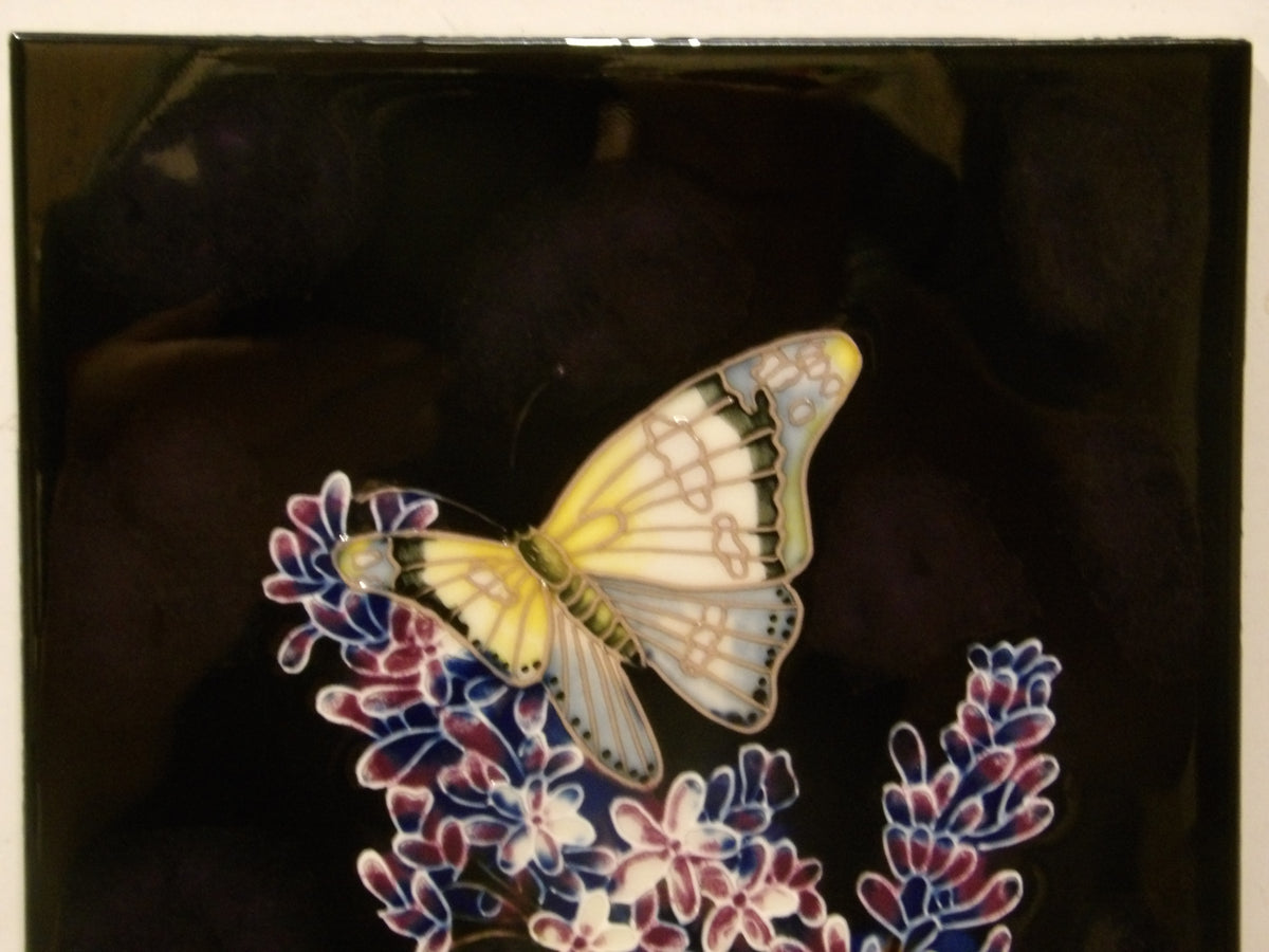 Cloisonné Enamel Art Tile | Butterflies Hovering Over Lilac Flowers | Freestanding or Wall Mounted