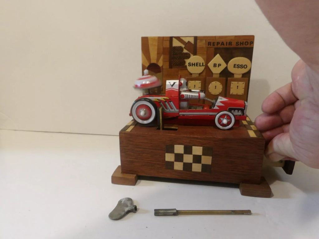 Wooden Mounted Robot Astronaut Racer Tin Toy Car Windup Red - Great Tinplate Toy image 1