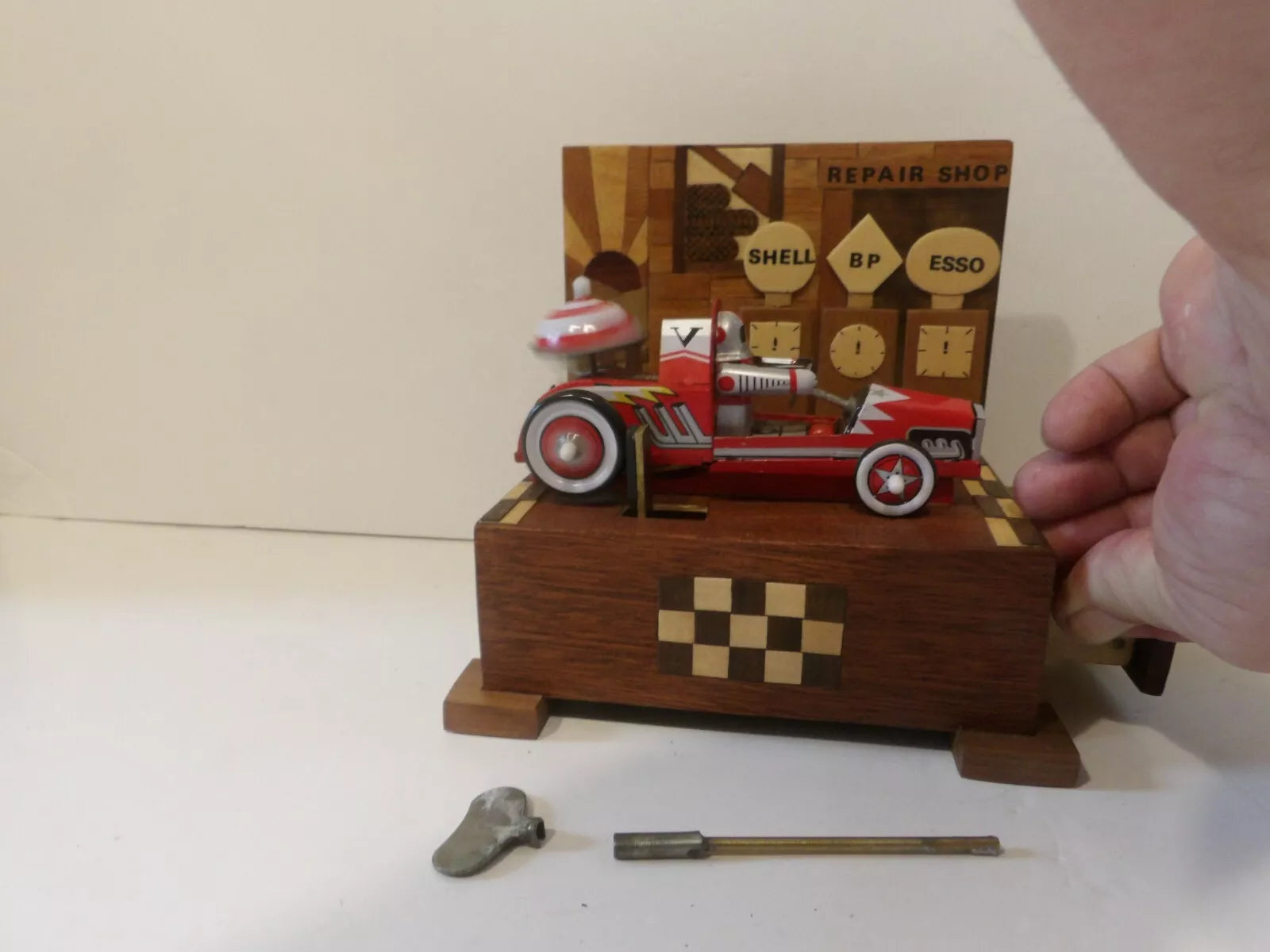 Wooden Mounted Robot Astronaut Racer Tin Toy Car Windup Red - Great Tinplate Toy image 1
