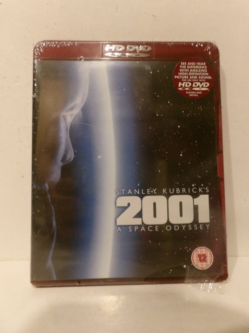 A sealed 2001: A Space Odyssey HD DVD case on a plain light background. The cover shows Stanley Kubrick's film title, a dark space-themed design with a vertical light beam, and a red top band with HD DVD text.