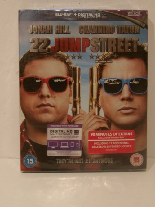 22 Jump Street Blu-ray and Digital HD combo pack featuring Jonah Hill and Channing Tatum in sunglasses, photographed on a light beige surface.