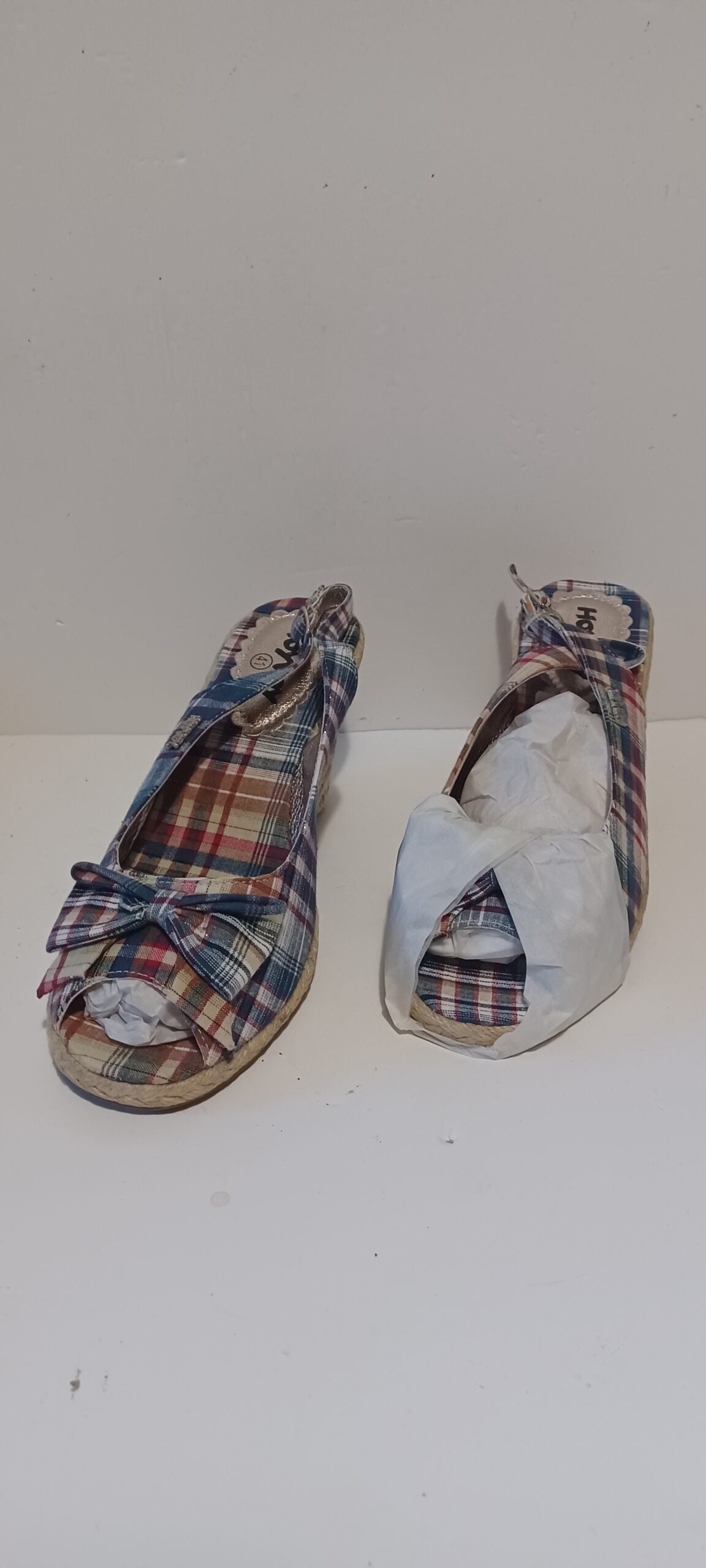 Hoyvoy - Escoces - Wedge Heel Strap - Blue Tartan - Bow Decore - Brand New image 0