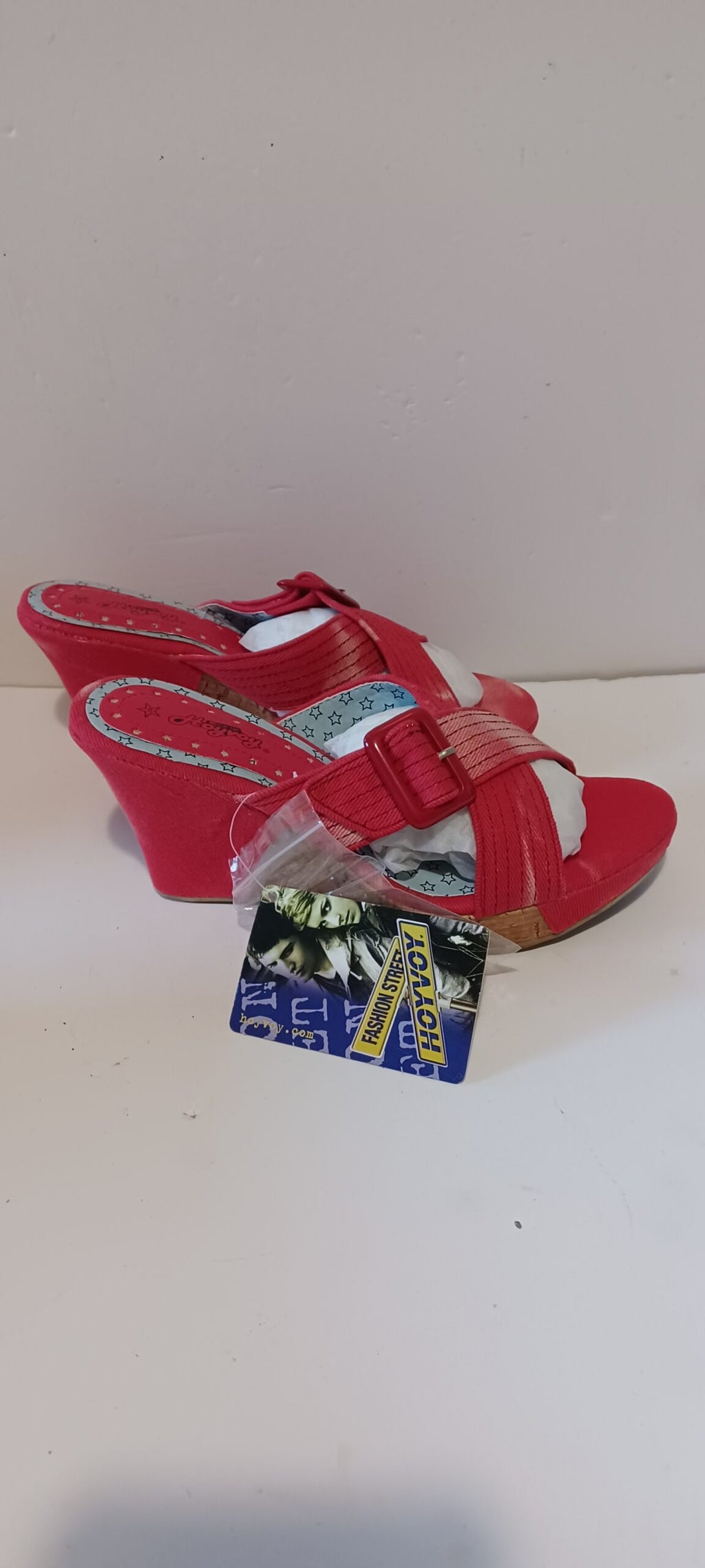 Hoyvoy - Sandalia - Wedge Heel - Denim Wash - Front Strap - Red - Brand New image 2