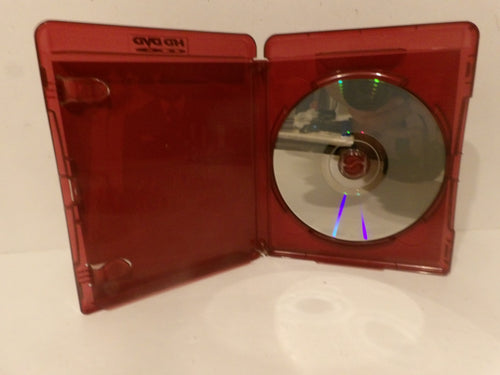 A translucent red plastic DVD case shown open, with a silver DVD disc partially inserted on the right side, photographed against a plain light background.
