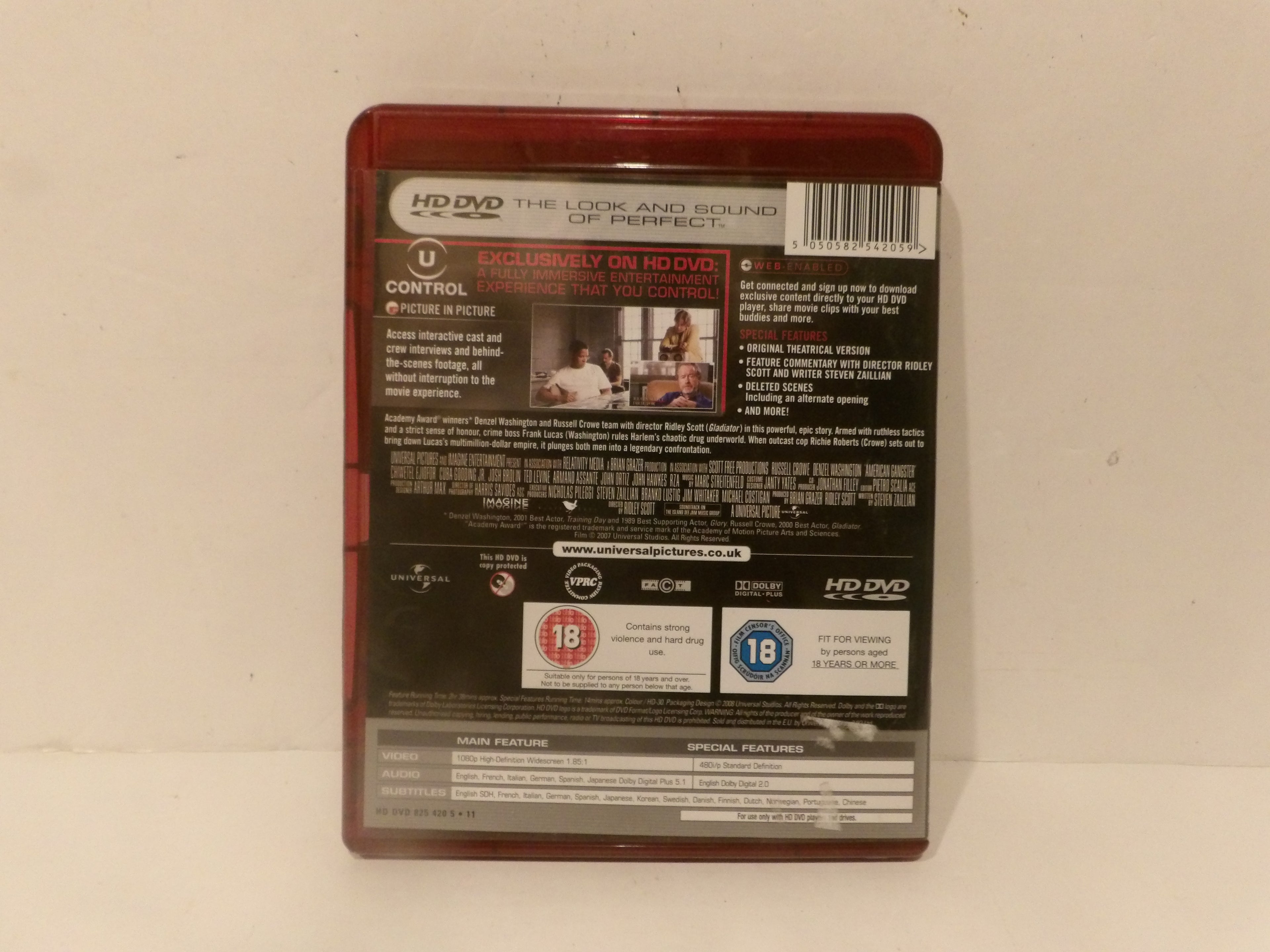 The back cover of a red plastic HD DVD case for the movie 'The Look and Sound of Perfect', featuring product details, barcode, and rating logos on a white background.