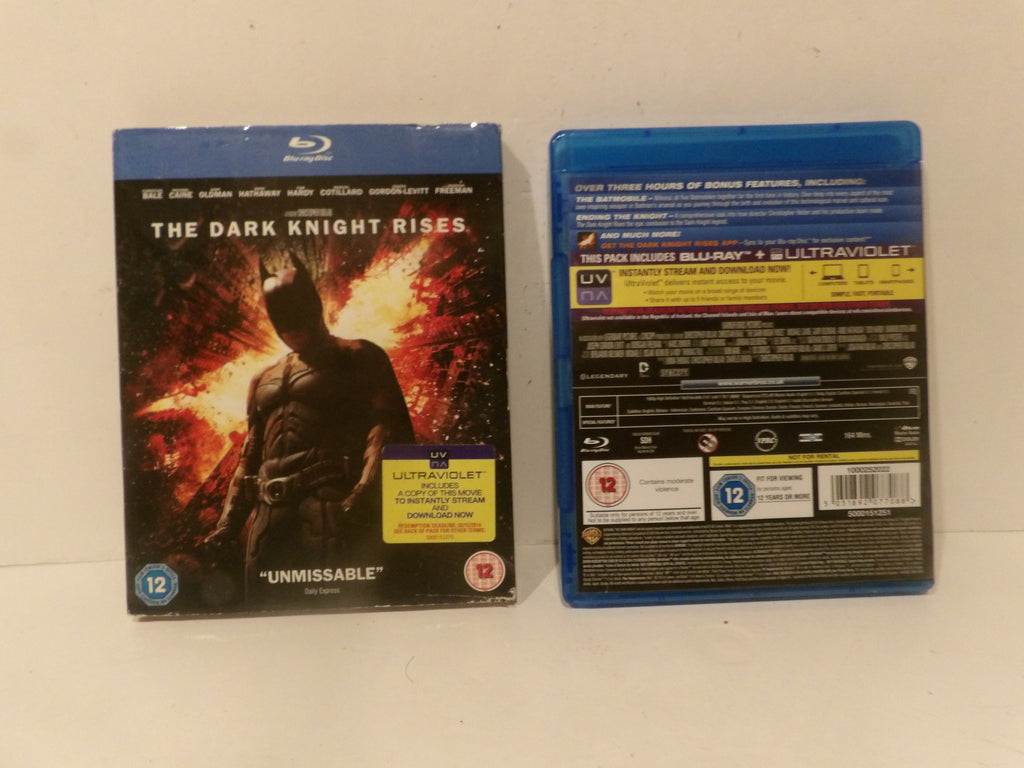 The Dark Knight Rises 4K Ultra HD Blu-ray and Blu-ray Disc set, showing both the front cover art and the back packaging details on a light beige background.