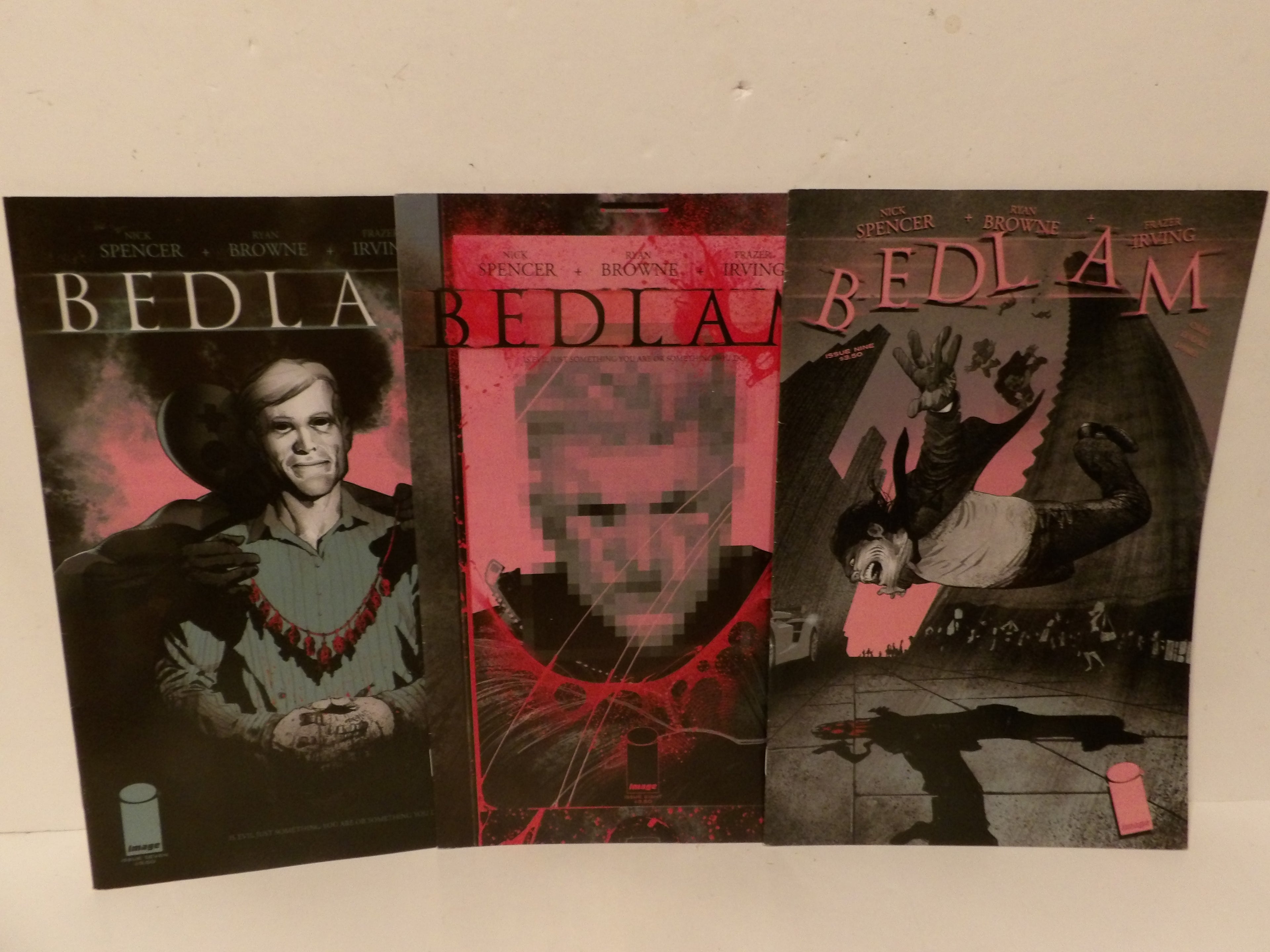 Three comic book covers for 'Bedlam' laid out side-by-side against a plain off-white background.