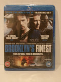 Brooklyn's Finest Blu-ray movie case with a blue plastic shrink wrap, featuring the cast on the cover and a police car scene at the bottom.