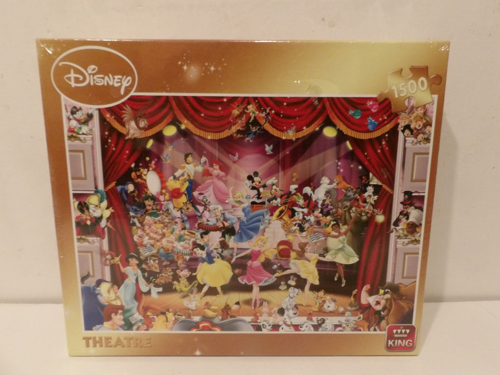 A Disney-themed 1300-piece jigsaw puzzle box titled 'Theatre' by King, featuring a colorful illustration of Disney characters on a stage with red curtains.