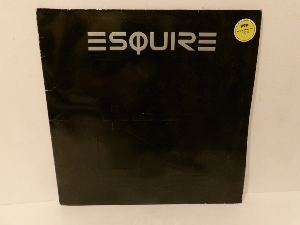 A black vinyl record sleeve for the band Esquire, featuring their name in a stylized white font at the top. A small yellow circular sticker is visible in the upper right corner, and the sleeve is photographed against a plain off-white background.