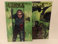 Two copies of the comic book ETERNAL #10, one with a green cover featuring a man in a black suit and the other with a green cover featuring a man holding a gun, displayed on a white background.