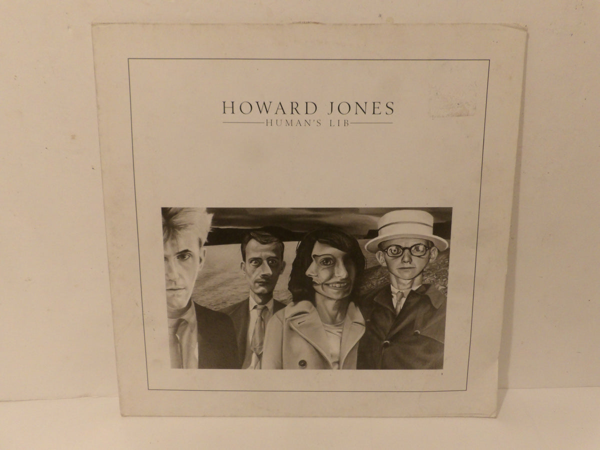 Howard Jones - Human's Lib vinyl record sleeve, showing a black and white illustrated portrait of four men on the cover, photographed against a light beige background.