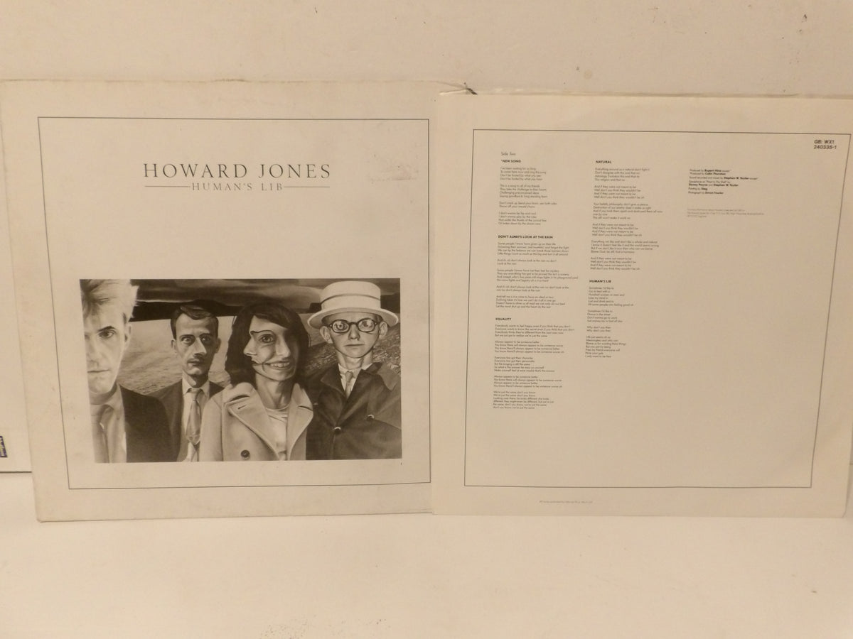 An open book or album volume showing the cover and interior text pages. The left page has the title 'HOWARD JONES' above a black-and-white portrait illustration.