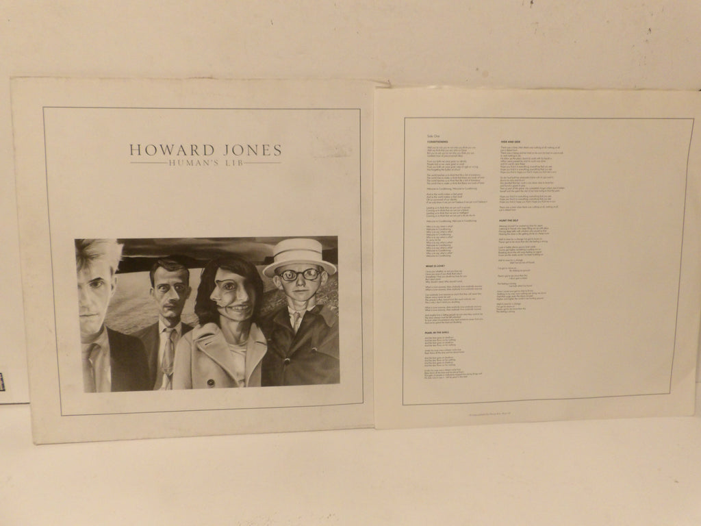 An open vinyl record sleeve showing the inner printed cover and tracklist pages for Howard Jones - Human Life, photographed against a plain off-white background.