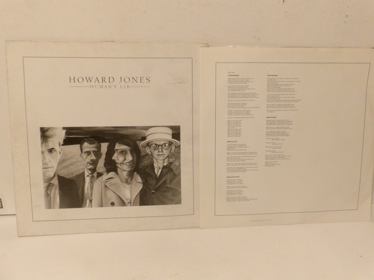 An open vinyl record sleeve showing the inner printed cover and tracklist pages for Howard Jones - Human Life, photographed against a plain off-white background.