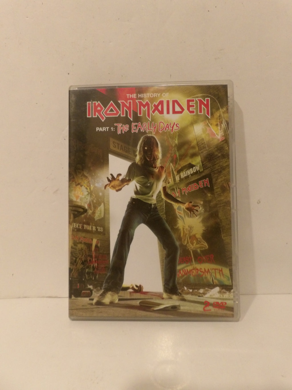 Iron Maiden 'The Evil of Days' DVD case standing upright against a plain off-white wall.