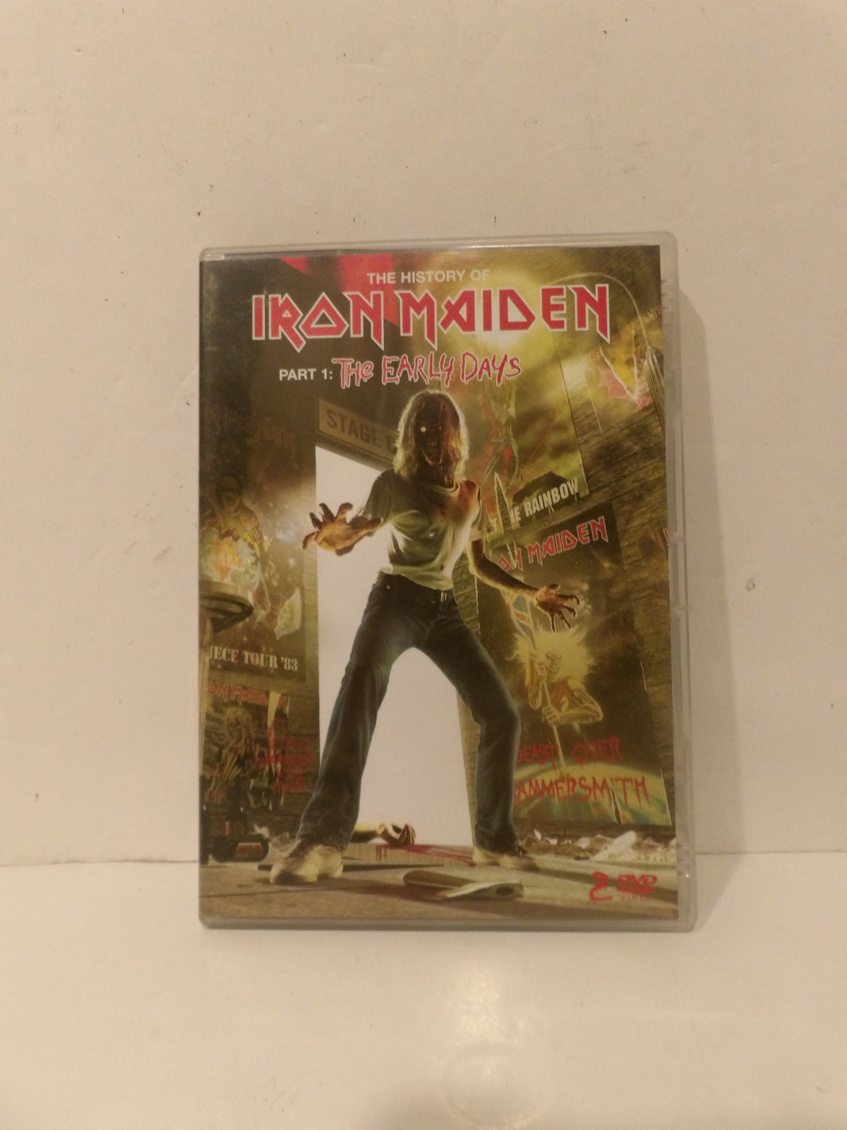 Iron Maiden 'The Evil of Days' DVD case standing upright against a plain off-white wall.
