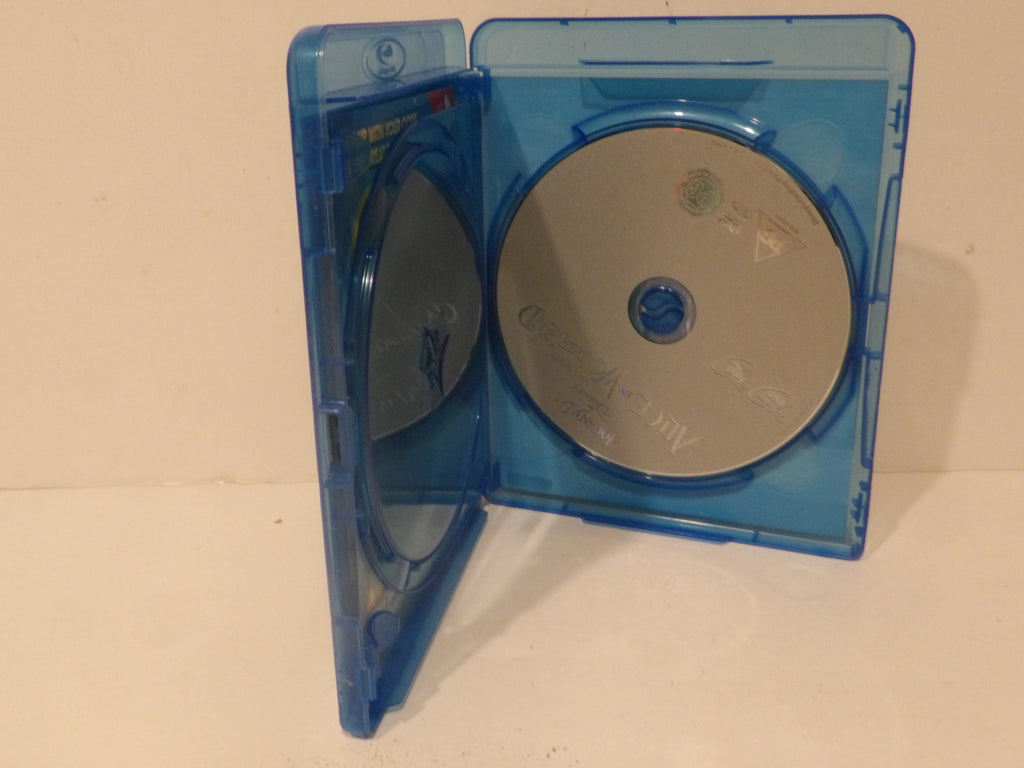 A blue plastic Blu-ray case shown open, with two silver discs inside, photographed against a plain off-white background.