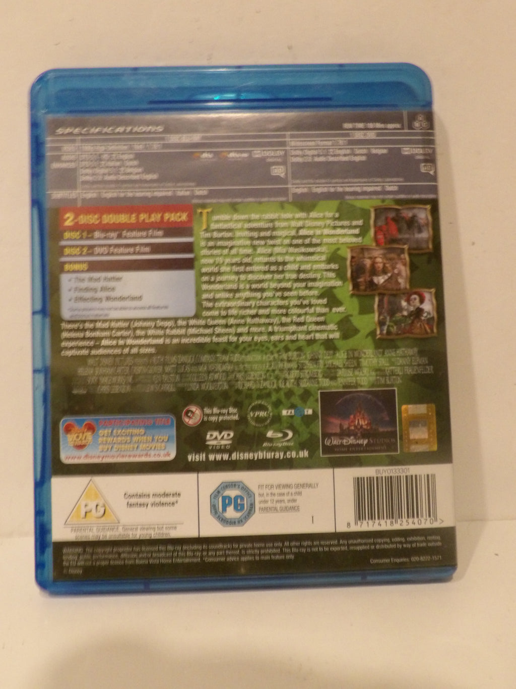 Back cover of a Disney The Lion King 2-disc double play Blu-ray case, showing product specifications, logos, and barcode on a light background.