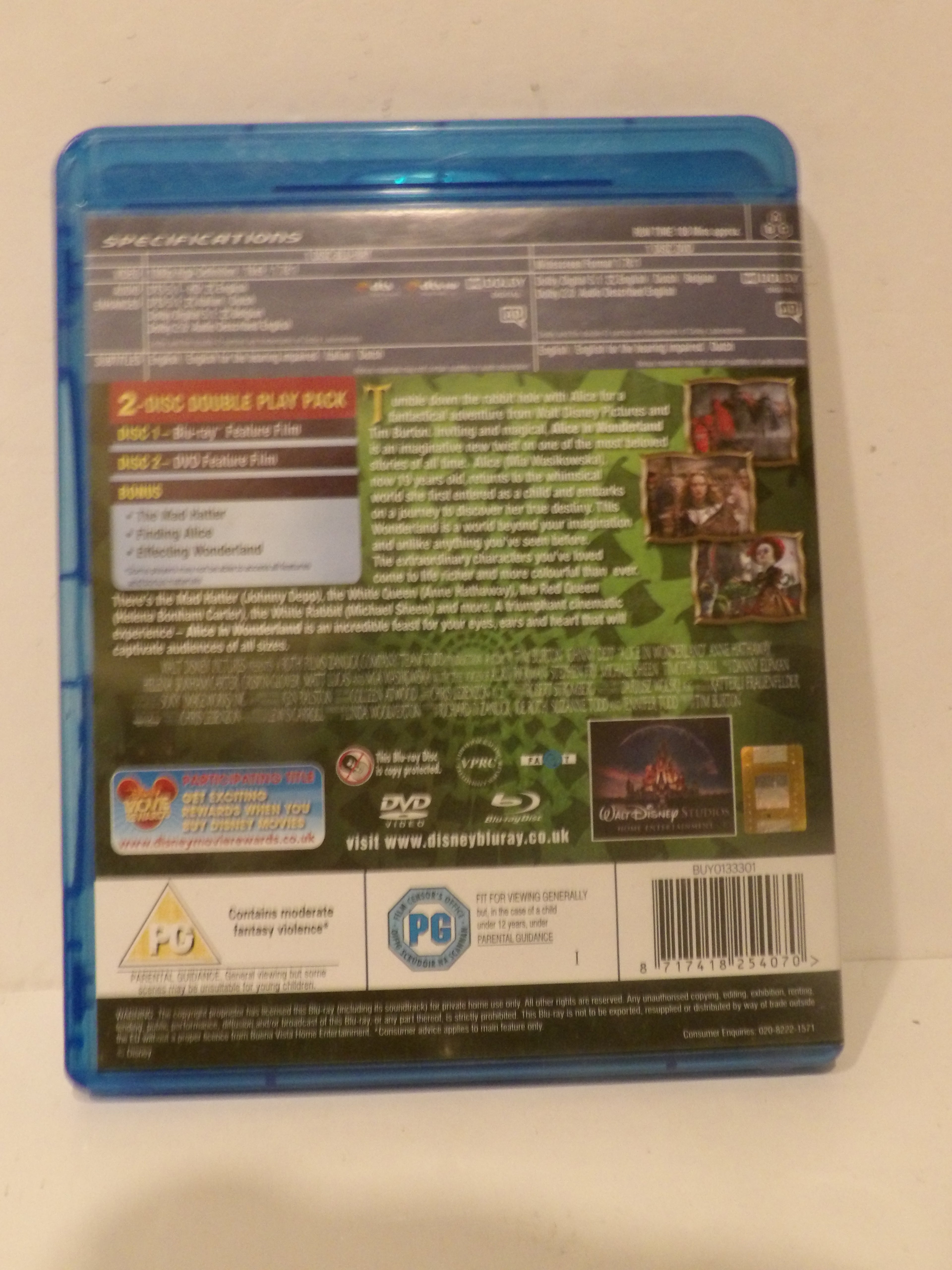 Back cover of a Disney The Lion King 2-disc double play Blu-ray case, showing product specifications, logos, and barcode on a light background.