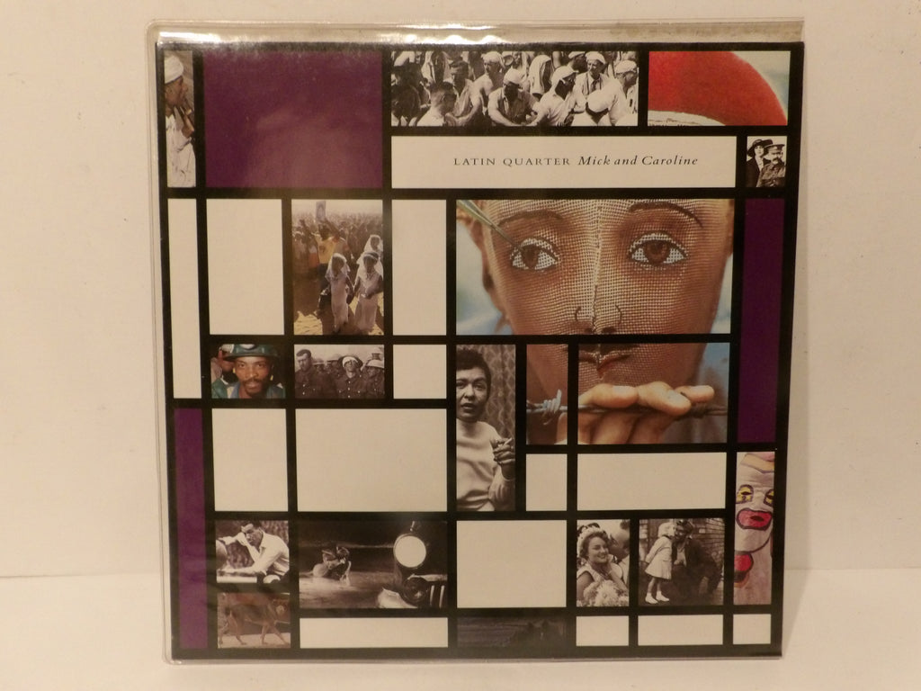 A vinyl record sleeve for 'Latin Quarter: Milk and Caroline' by artist name visible on the cover, photographed standing upright against a plain light background. The cover features a collage of black, white, and purple geometric panels with multiple small photographs.
