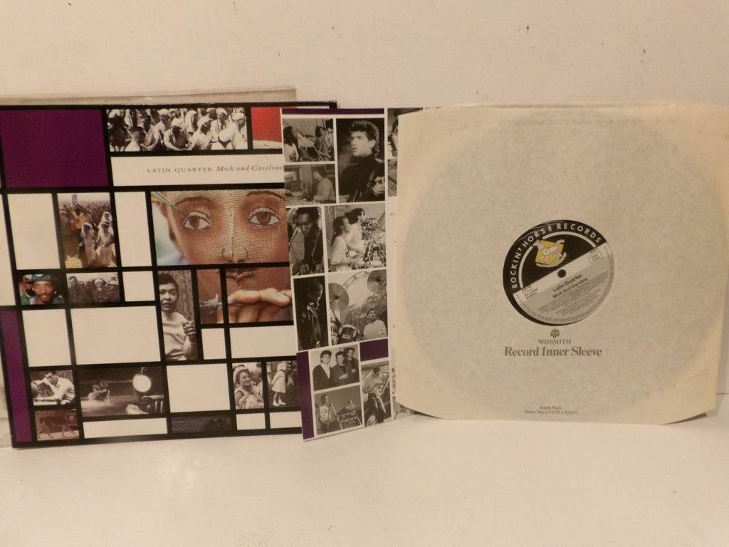 A vintage music record's inner sleeve and outer jacket displayed on a white surface. The left sleeve features a collage of black-and-white and color photographs with purple and black grid borders.