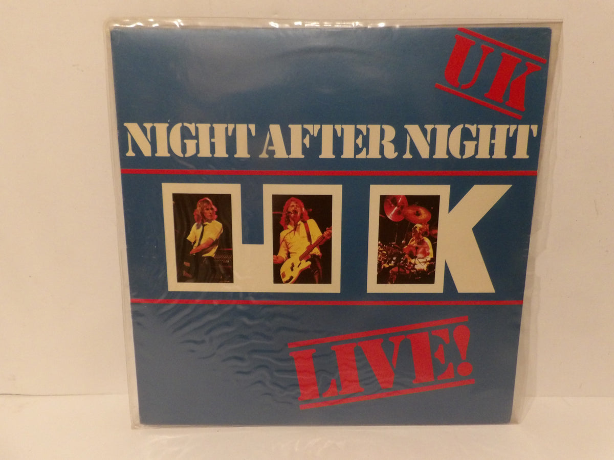 UK Night After Night Live! vinyl record album cover, sealed in plastic shrink wrap, featuring a blue background with red and cream text and three band member photos.