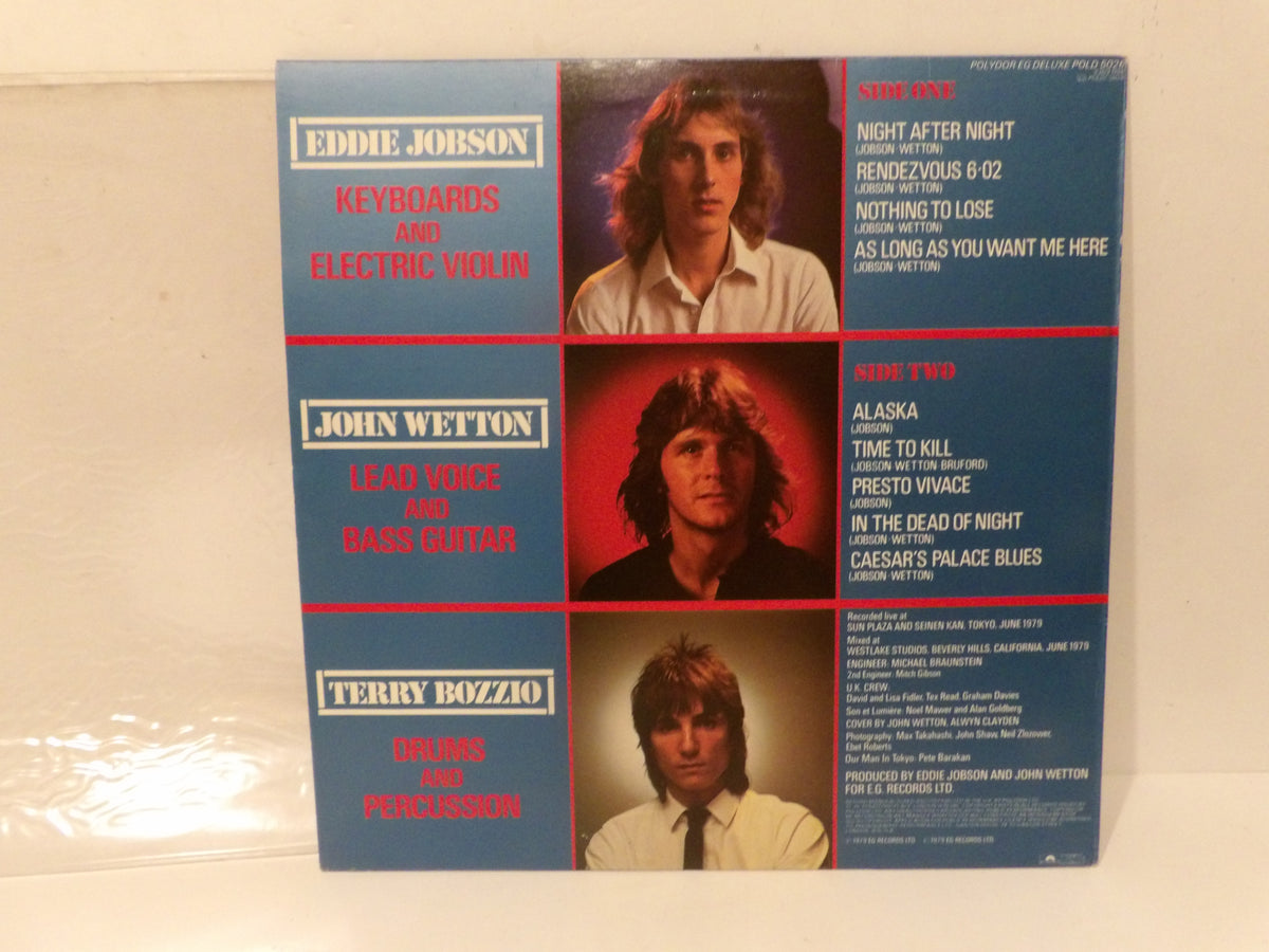 The back cover of the Eddie Johnson 'Keyboards and Electric Violin' vinyl record album, showing Side Two tracklist, artist names, and three portrait photos of the musicians against a blue background with red and white text.