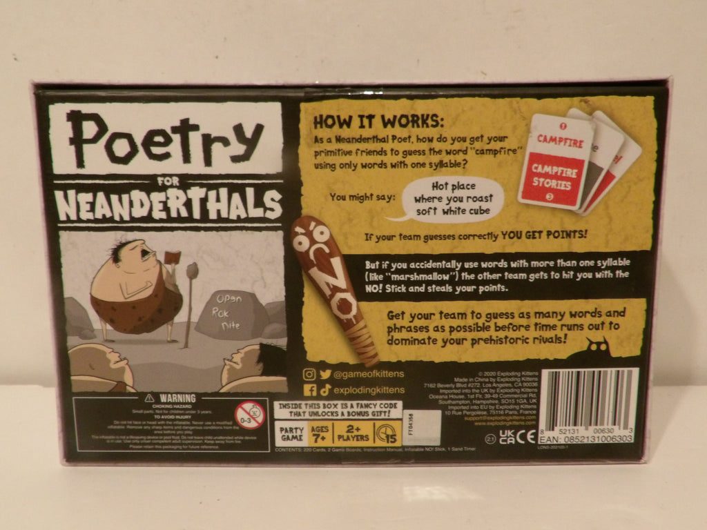 The back of a 'Poetry for Neanderthals' game box, showing rules, illustrations, player count, and a barcode on a light beige background.