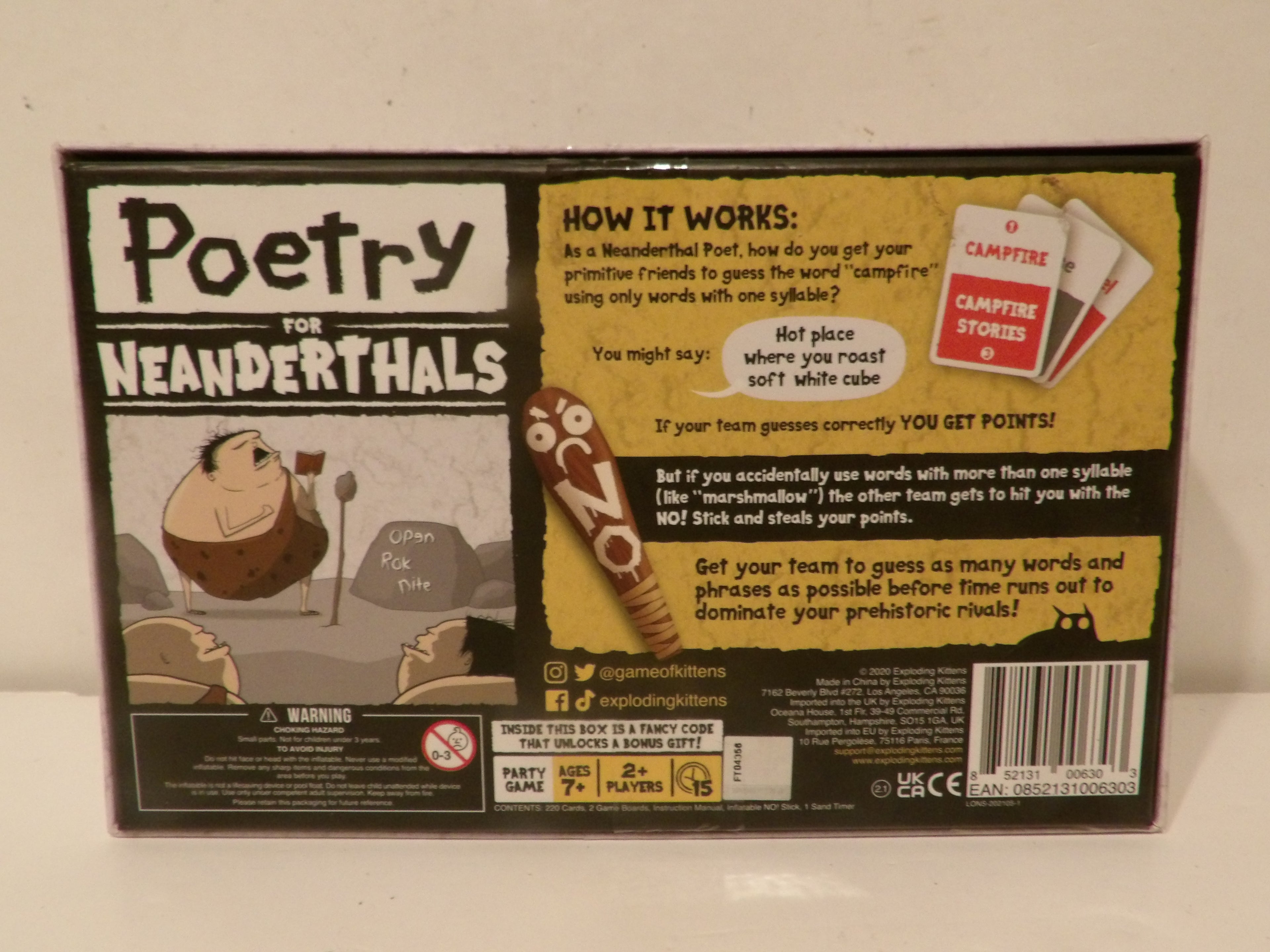 The back of a 'Poetry for Neanderthals' game box, showing rules, illustrations, player count, and a barcode on a light beige background.