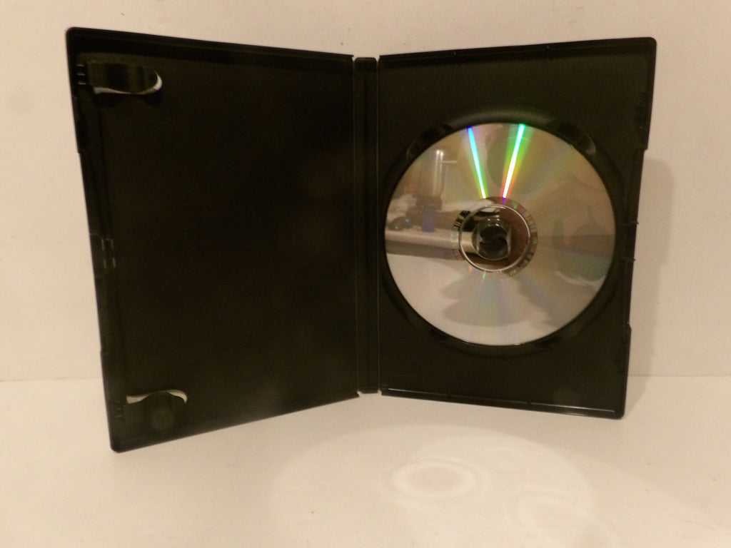 An open black DVD case with a reflective silver DVD disc inside, photographed against a plain white background.