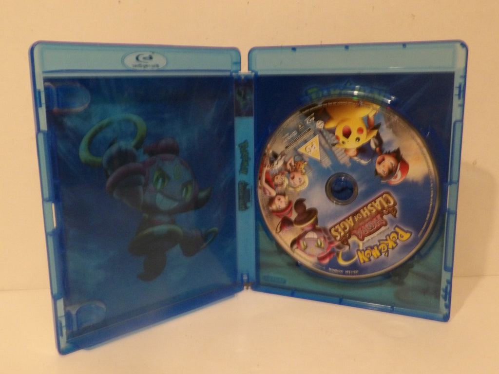 A blue plastic Pokémon video game case shown open, with the Blu-ray case lid featuring a blue character illustration on the left and the game disc inside on the right.
