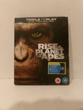 Rise of the Planet of the Apes Triple Play Blu-ray, DVD, and Digital Copy case, featuring a close-up of a great ape's face on the cover with a yellow and blue PETA logo on the front.