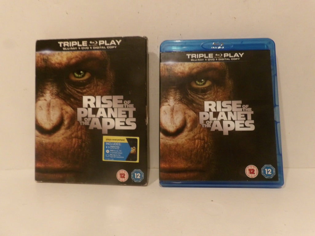 A physical copy of 'Rise of the Planet of the Apes' shown as both the DVD box set and Blu-ray case side by side on a plain light background.