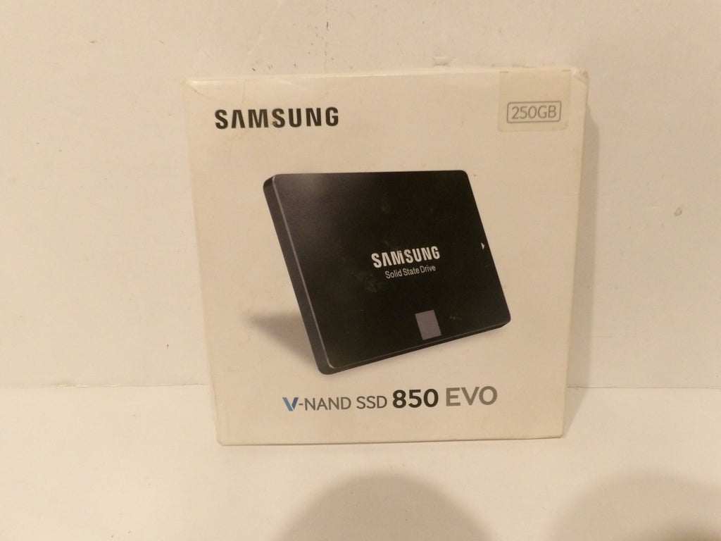 Samsung V-NAND SSD 850 EVO 250GB solid state drive retail box, showing the black SSD graphic on a white background.