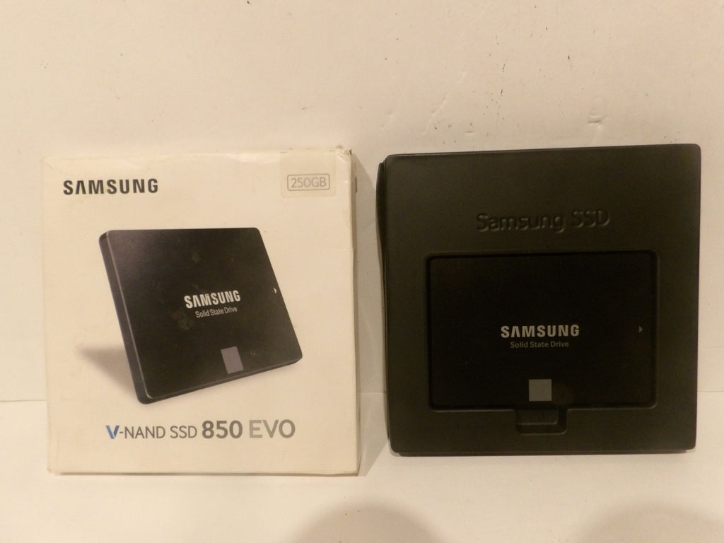 Samsung V-NAND SSD 850 EVO 250GB internal solid state drive shown next to its original white retail box on a plain white surface.