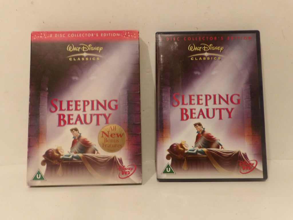 Two Disney Classics DVD boxes for the film Sleeping Beauty, one showing the collector's edition 4-disc case cover and the other showing the single-disc case, placed side by side on a light beige surface.