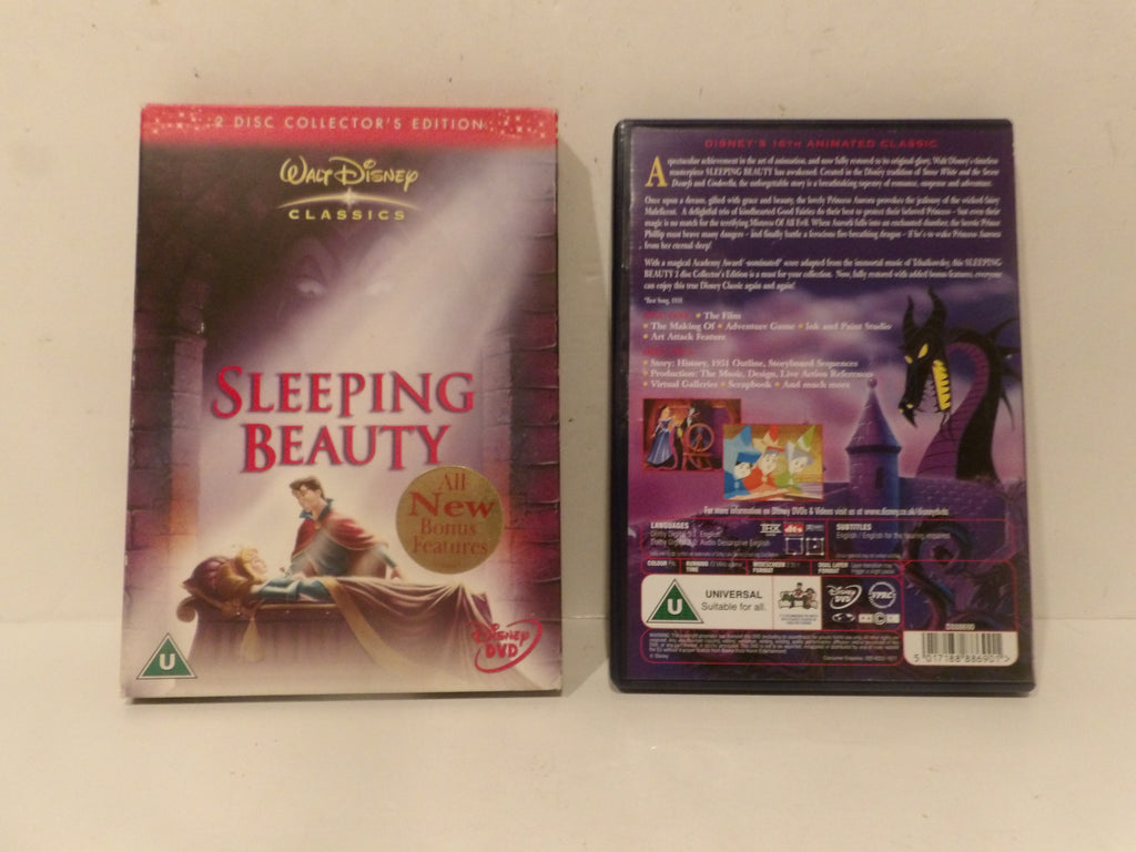 Front and back views of a Walt Disney Classics 'Sleeping Beauty' 2-disc collector's edition DVD case on a plain off-white surface.
