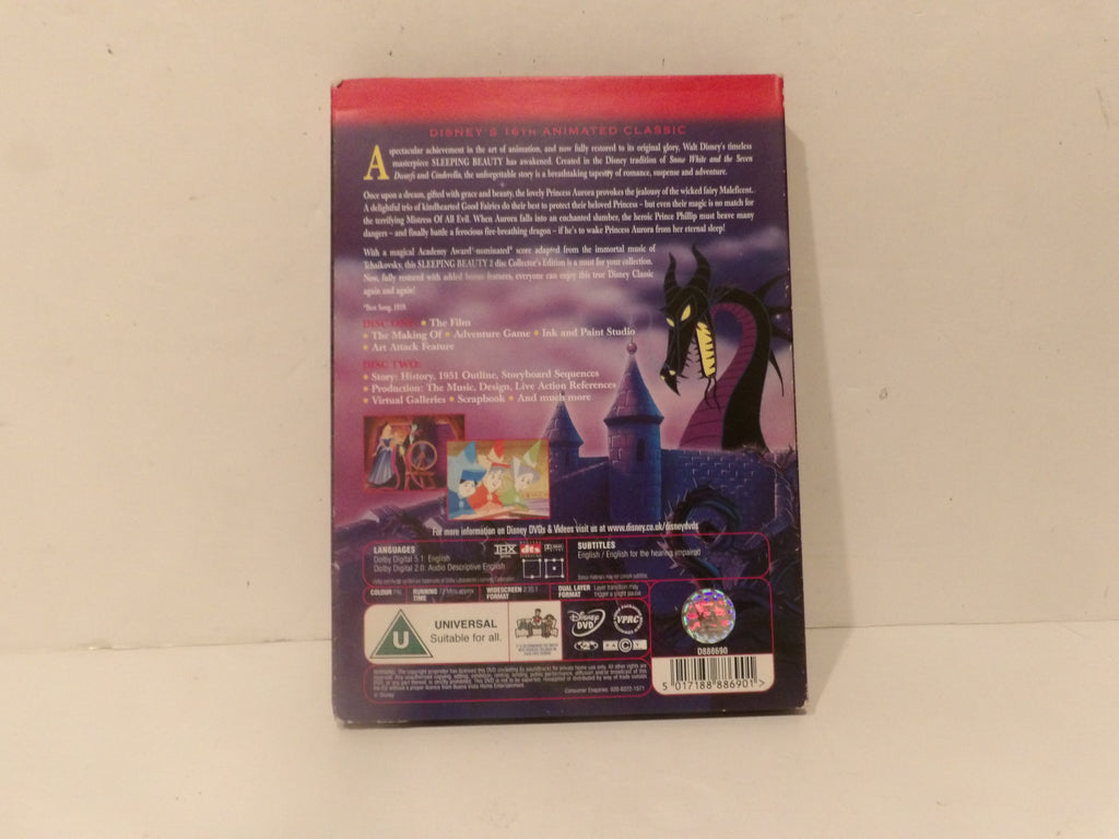 The back cover of a Disney Animated Features DVD for 'Aladdin', showing the title, synopsis, character art, and rating logos on a plain off-white background.