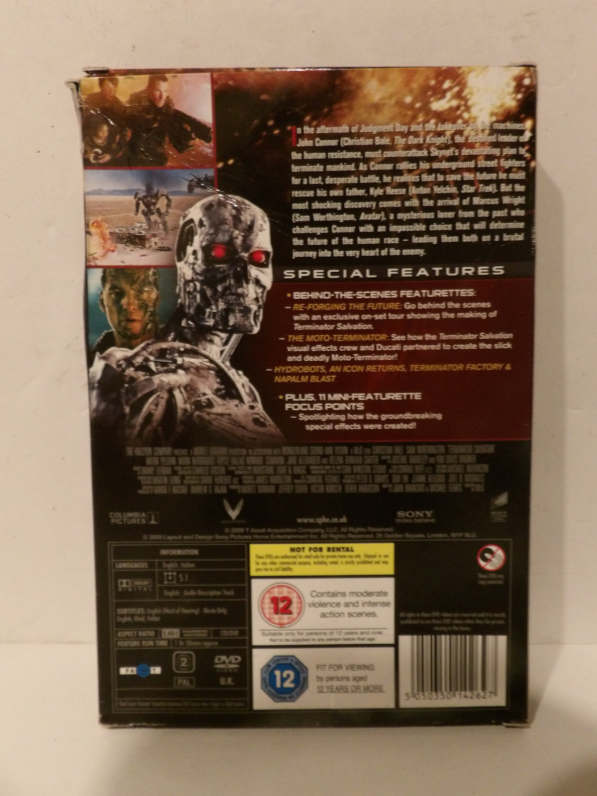 Back of a SONY movie box for Terminator Salvation, showing special features text, character artwork of the robot, rating logos, and a barcode on a light background.