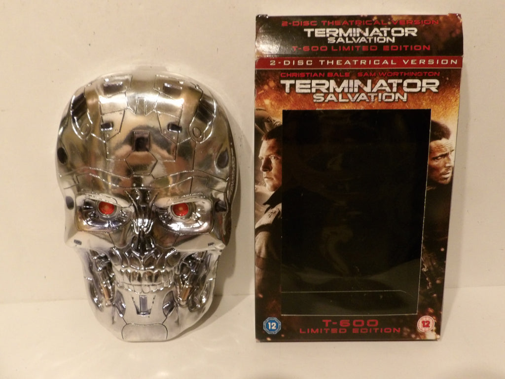 Terminator Salvation T-800 limited edition collectible featuring a metallic chrome skull mask with glowing red eyes, displayed next to its original 2-disc theatrical version box.