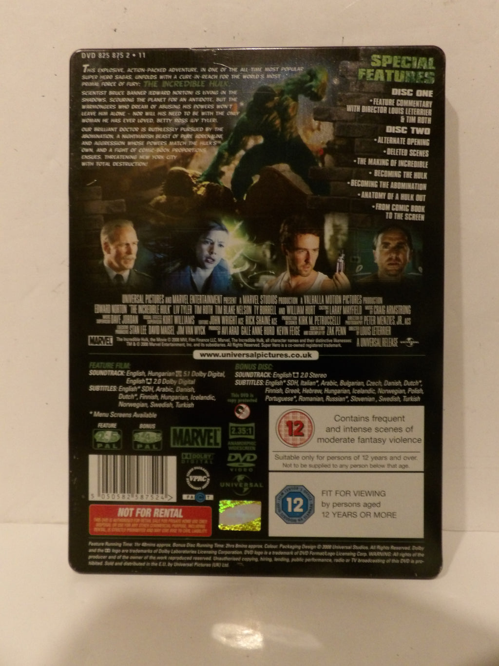Back cover of a Marvel DVD movie case, showing special features, cast photos, barcode, and age rating information on a light-colored surface.