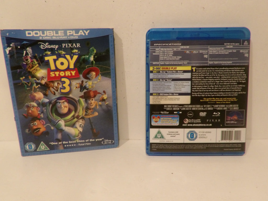Disney Pixar Toy Story 3 double play Blu-ray case shown from the front and back, placed on a light beige surface.