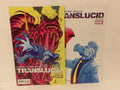 Two comic books from Boom! Studios' Translucid Six of Six issue set, displayed side-by-side against a plain light background. The left comic, 'Translucid' by Sanchez, Echert, and Bayliss, features a vibrant red monster and blue character on a yellow background.