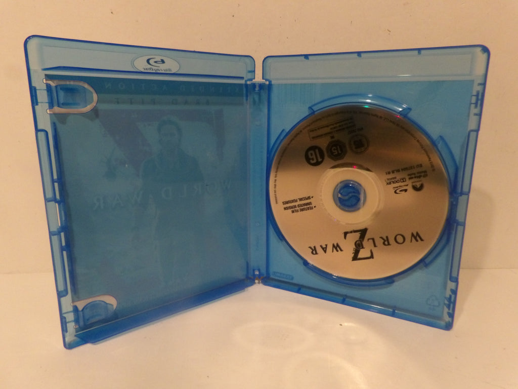 An open translucent blue Blu-ray case containing a silver disc with the title 'World War Z' visible, photographed against a plain light background.