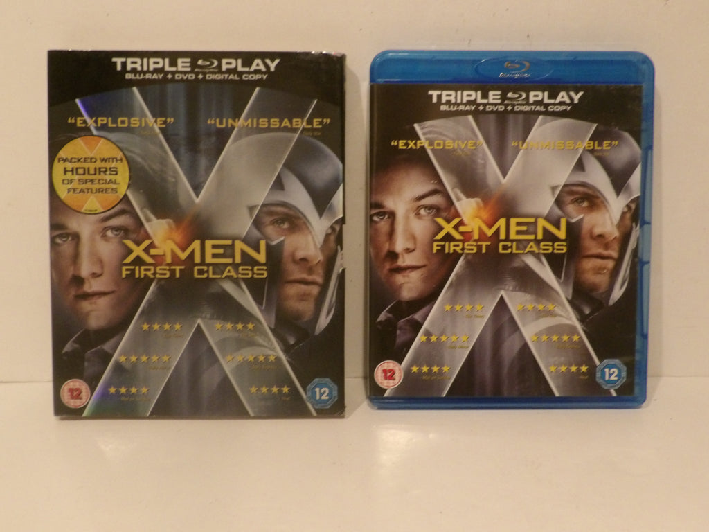 X-Men First Class Triple Play Blu-ray package shown as a boxed set and a blue Blu-ray case side by side on a light surface.