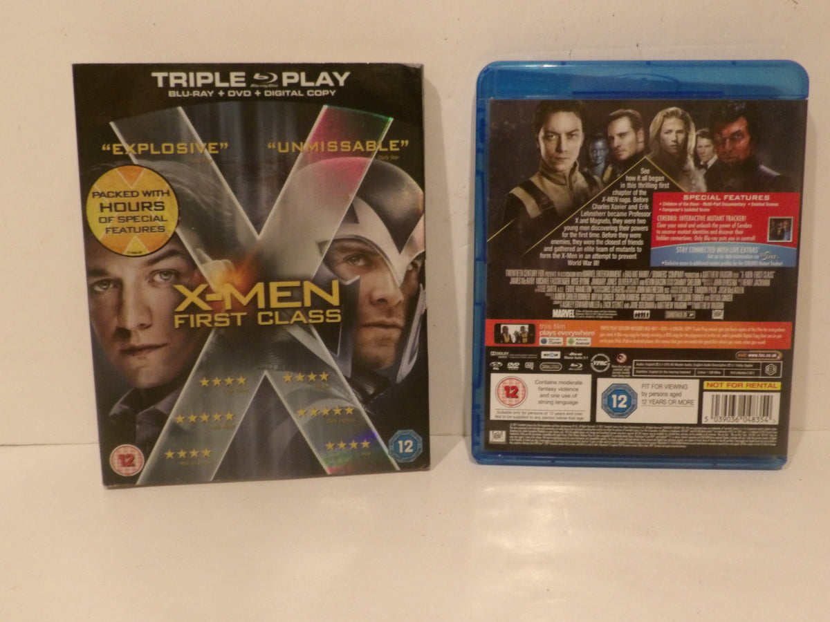 Front and back views of the X-Men First Class triple play Blu-ray case on a white surface.