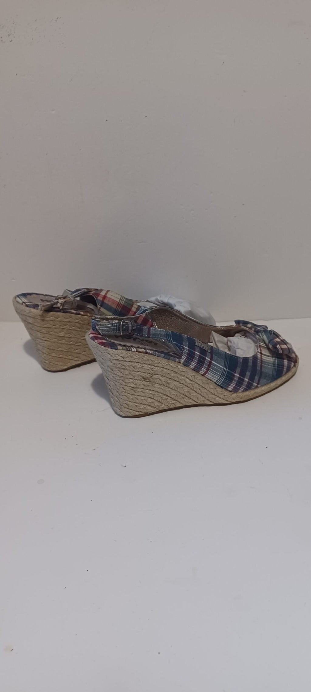 Hoyvoy - Escoces - Wedge Heel Strap - Blue Tartan - Bow Decore - Brand New image 3