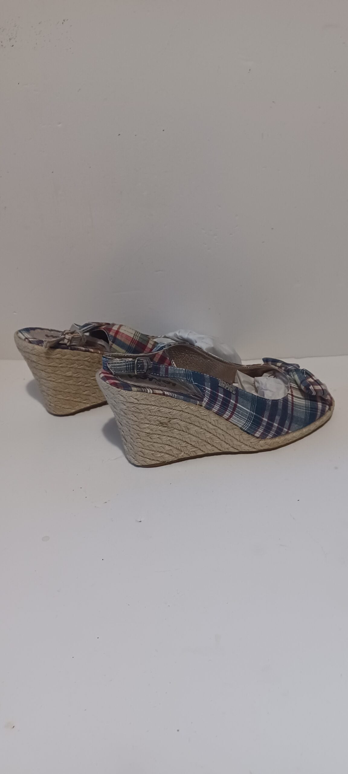 Hoyvoy - Escoces - Wedge Heel Strap - Blue Tartan - Bow Decore - Brand New image 3