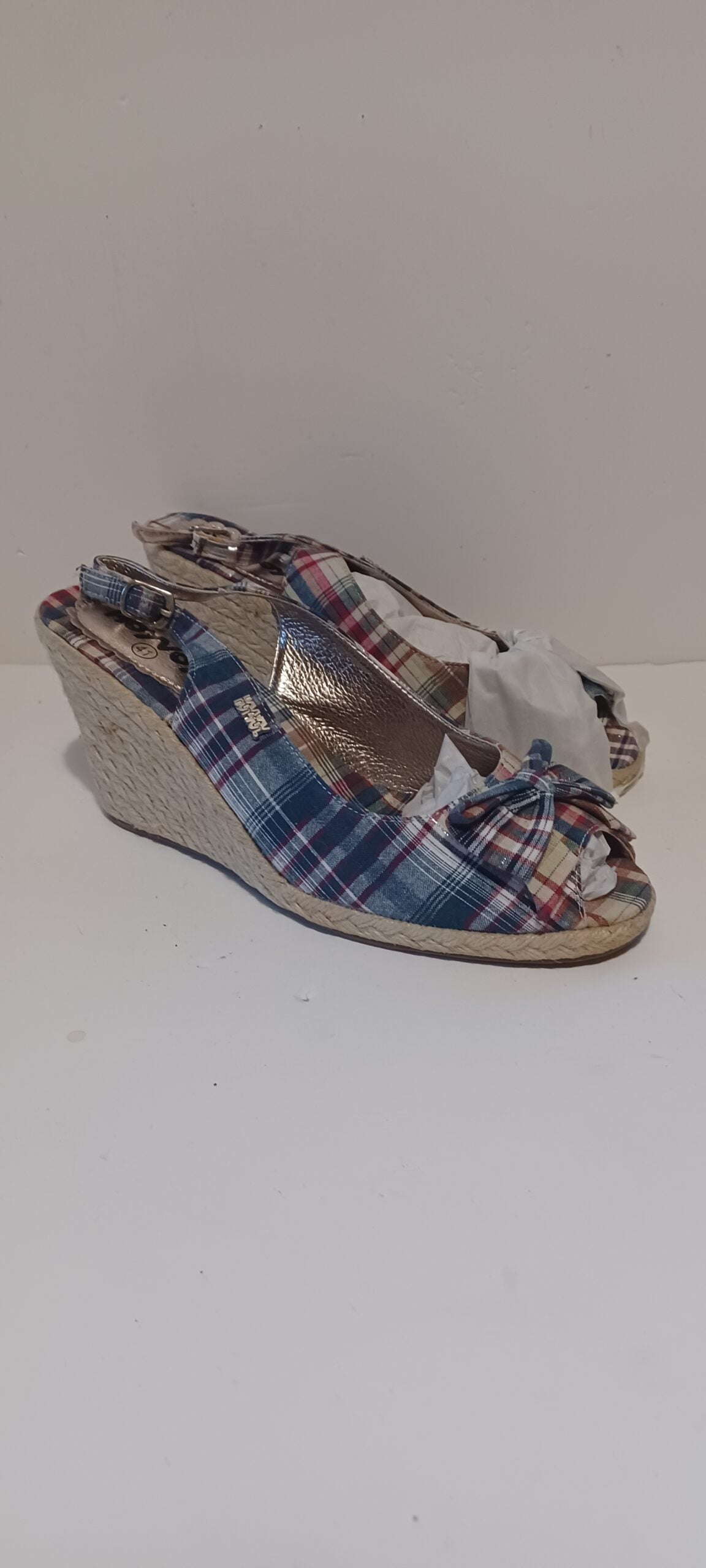 Hoyvoy - Escoces - Wedge Heel Strap - Blue Tartan - Bow Decore - Brand New image 2